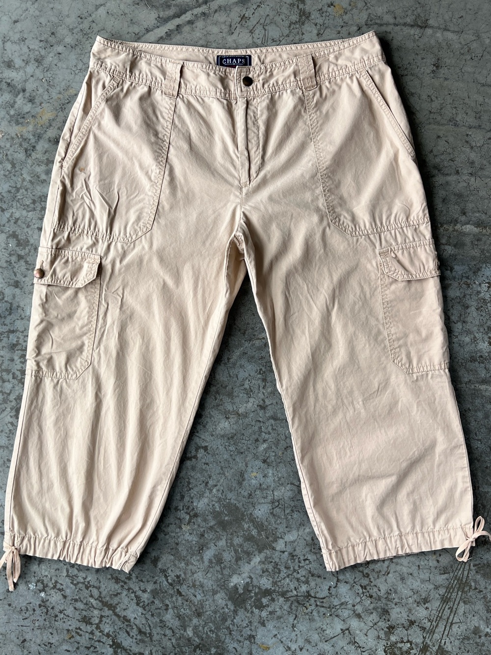 Chaps Denim Beige Khaki Cargo Cropped Capri Pants Drawstring Hem Women’s Size 12